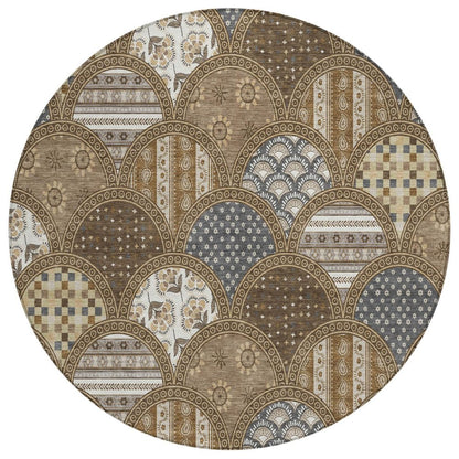 8' Chocolate And Brown Round Geometric Washable Indoor Outdoor Area Rug HomeRoots