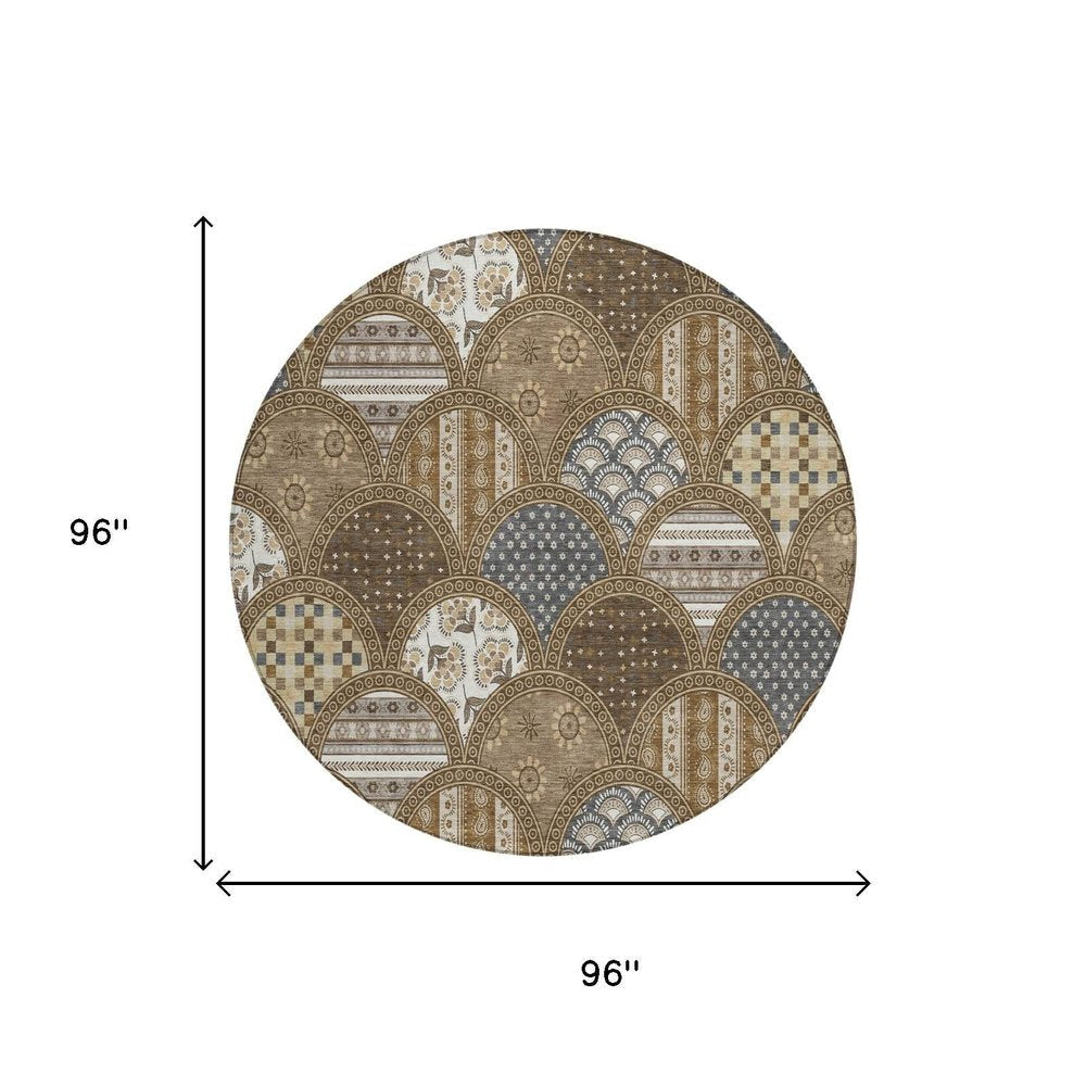 8' Chocolate And Brown Round Geometric Washable Indoor Outdoor Area Rug HomeRoots
