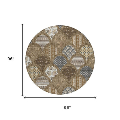 8' Chocolate And Brown Round Geometric Washable Indoor Outdoor Area Rug HomeRoots