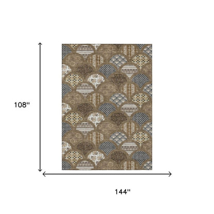 9' X 12' Chocolate And Brown Geometric Washable Indoor Outdoor Area Rug