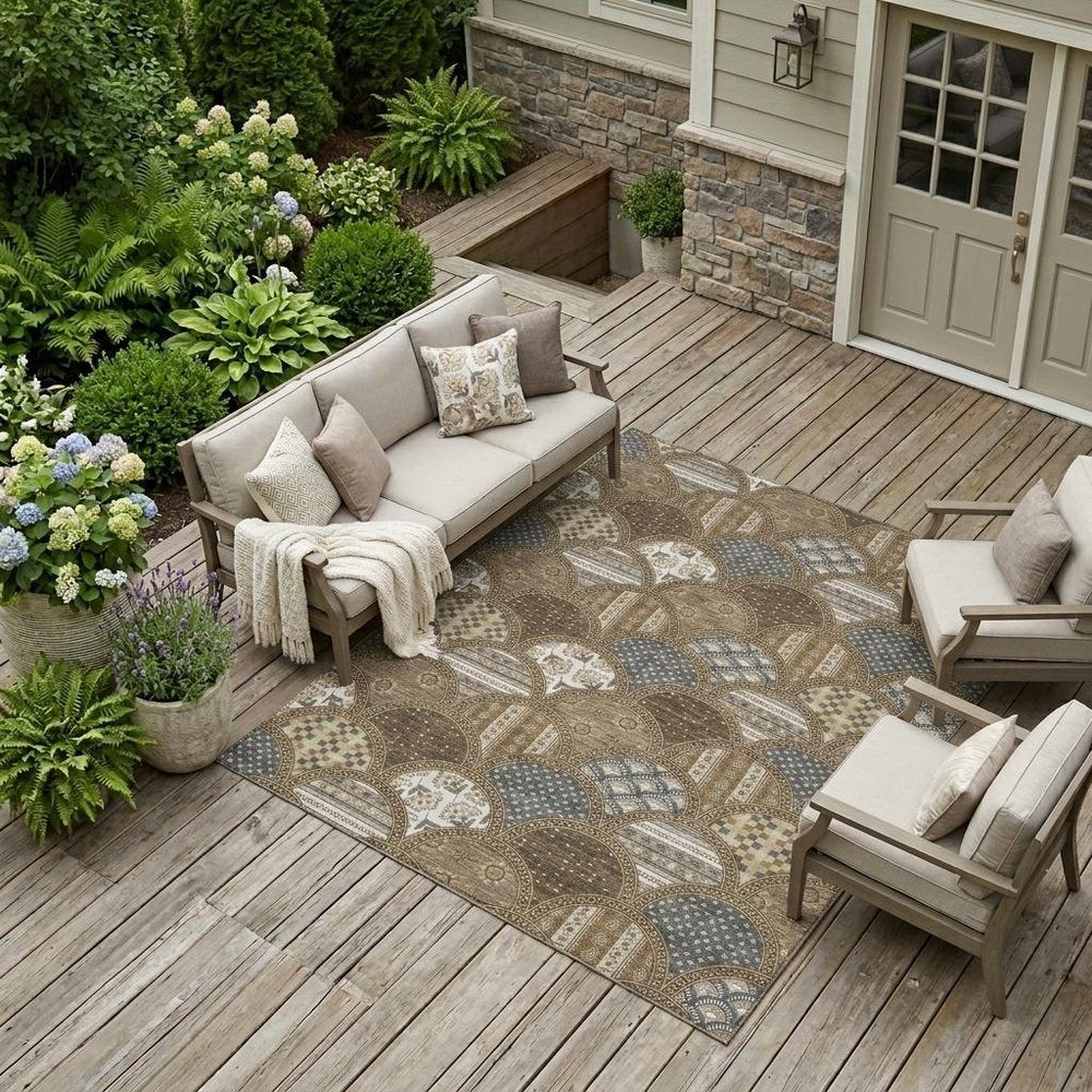 9' X 12' Chocolate And Brown Geometric Washable Indoor Outdoor Area Rug — view 6