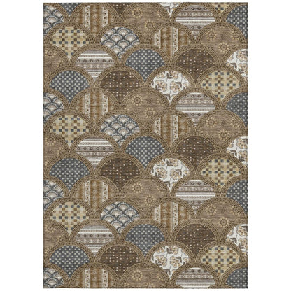 9' X 12' Chocolate And Brown Geometric Washable Indoor Outdoor Area Rug