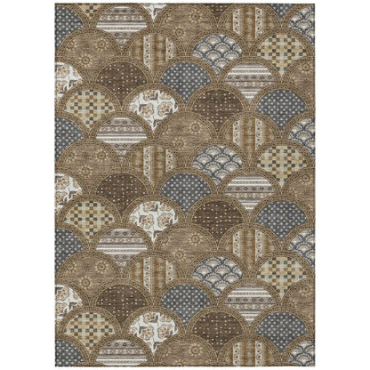 9' X 12' Chocolate And Brown Geometric Washable Indoor Outdoor Area Rug