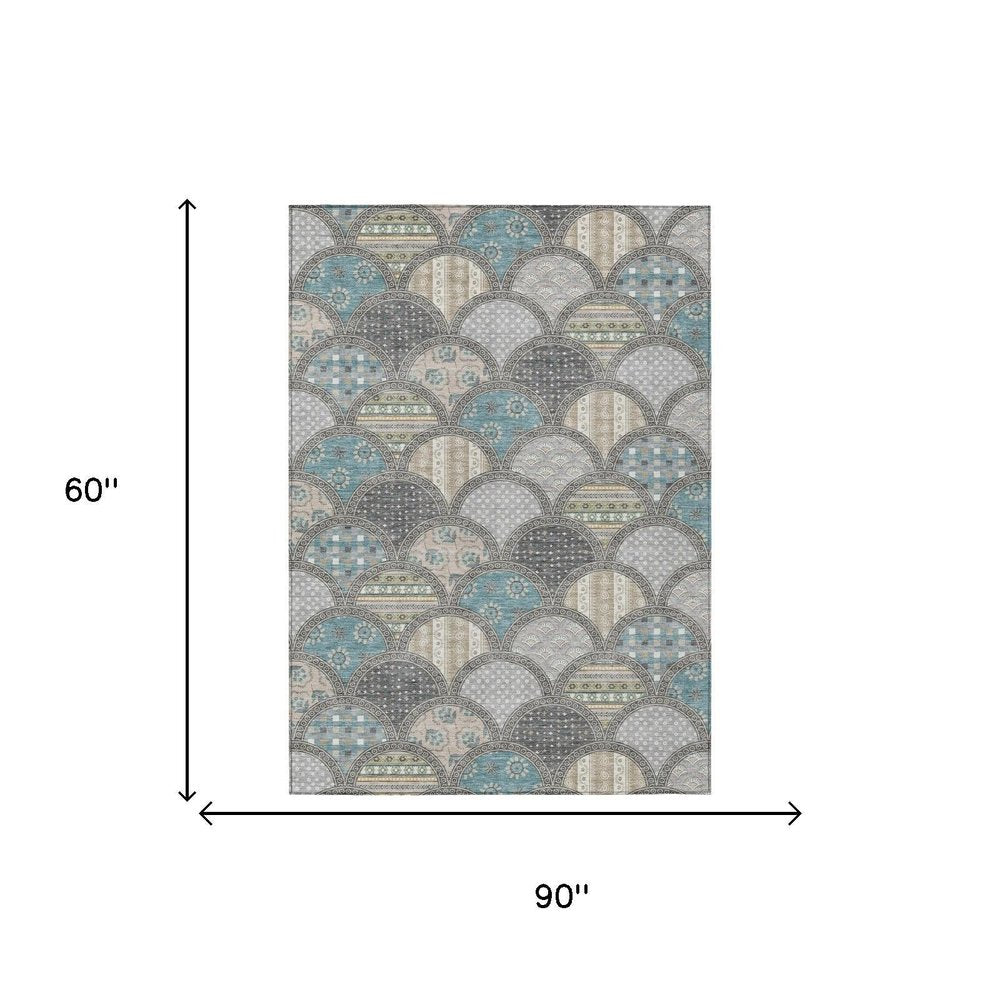 5' X 8' Gray And Silver Geometric Washable Indoor Outdoor Area Rug HomeRoots