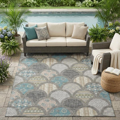 5' X 8' Gray And Silver Geometric Washable Indoor Outdoor Area Rug