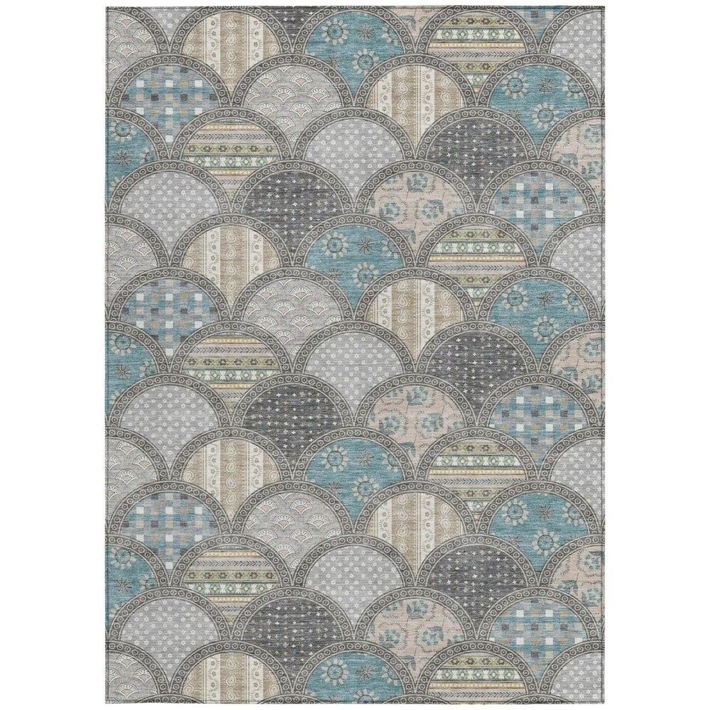 5' X 8' Gray And Silver Geometric Washable Indoor Outdoor Area Rug