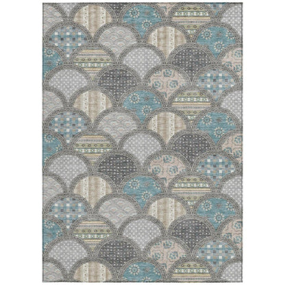 5' X 8' Gray And Silver Geometric Washable Indoor Outdoor Area Rug