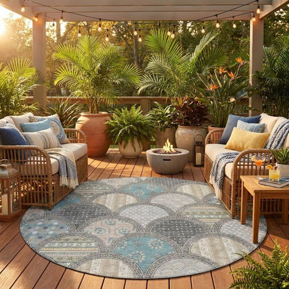 8' Gray And Silver Round Geometric Washable Indoor Outdoor Area Rug HomeRoots