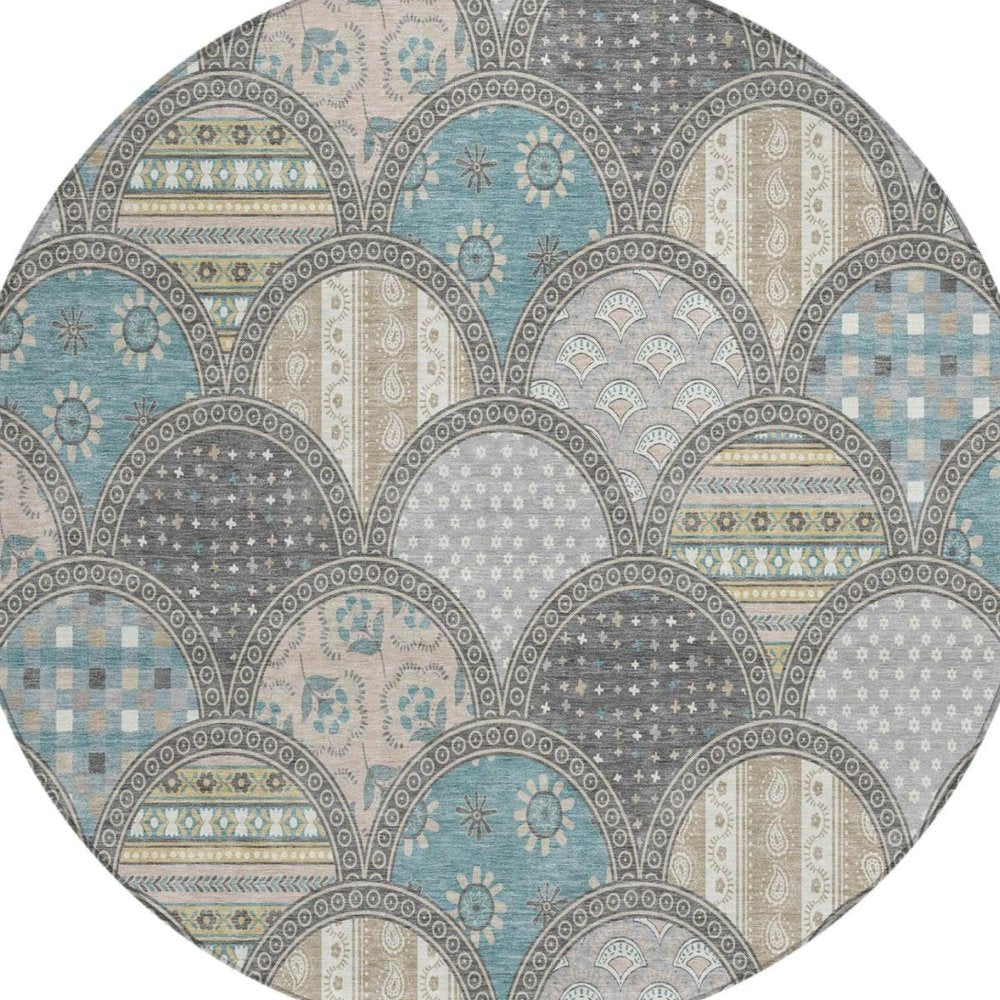8' Gray And Silver Round Geometric Washable Indoor Outdoor Area Rug — view 7