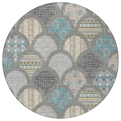 8' Gray And Silver Round Geometric Washable Indoor Outdoor Area Rug