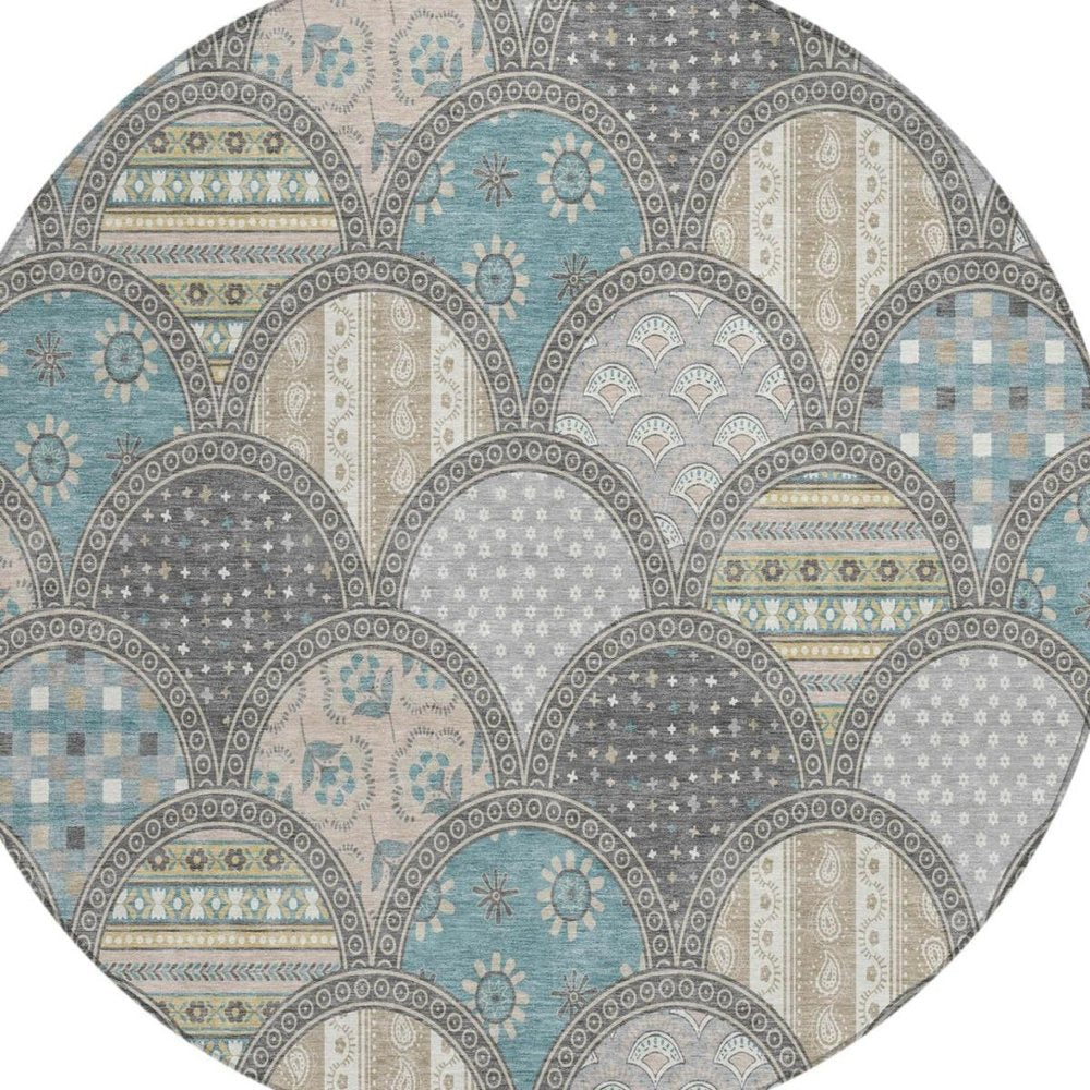 8' Gray And Silver Round Geometric Washable Indoor Outdoor Area Rug