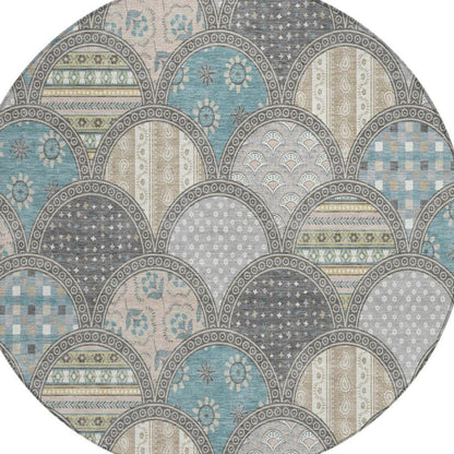 8' Gray And Silver Round Geometric Washable Indoor Outdoor Area Rug