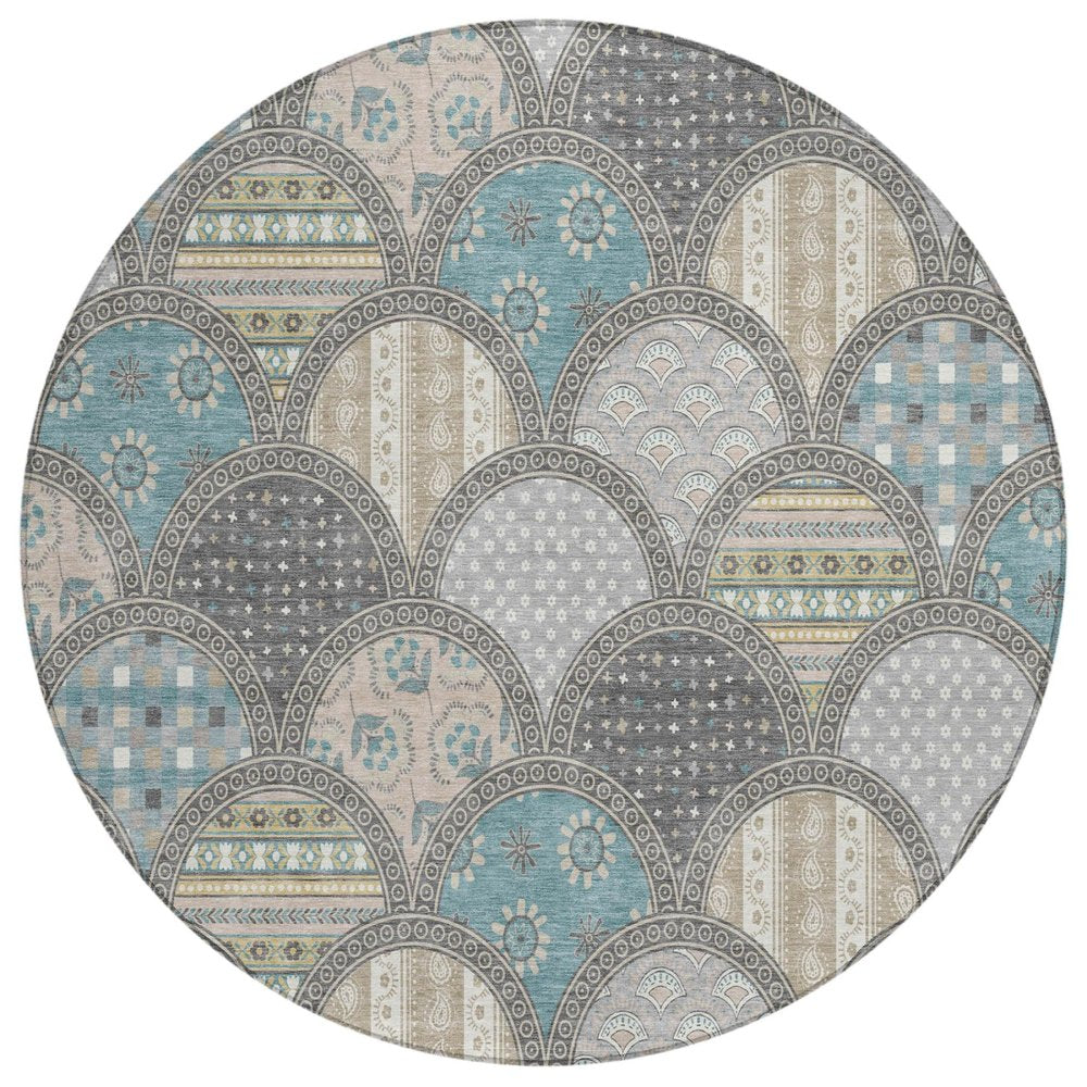 8' Gray And Silver Round Geometric Washable Indoor Outdoor Area Rug
