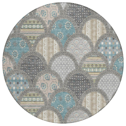 8' Gray And Silver Round Geometric Washable Indoor Outdoor Area Rug