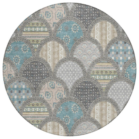 8' Gray And Silver Round Geometric Washable Indoor Outdoor Area Rug