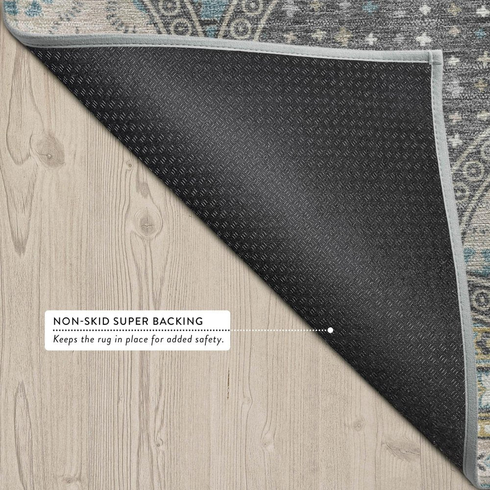 8' Gray And Silver Round Geometric Washable Indoor Outdoor Area Rug