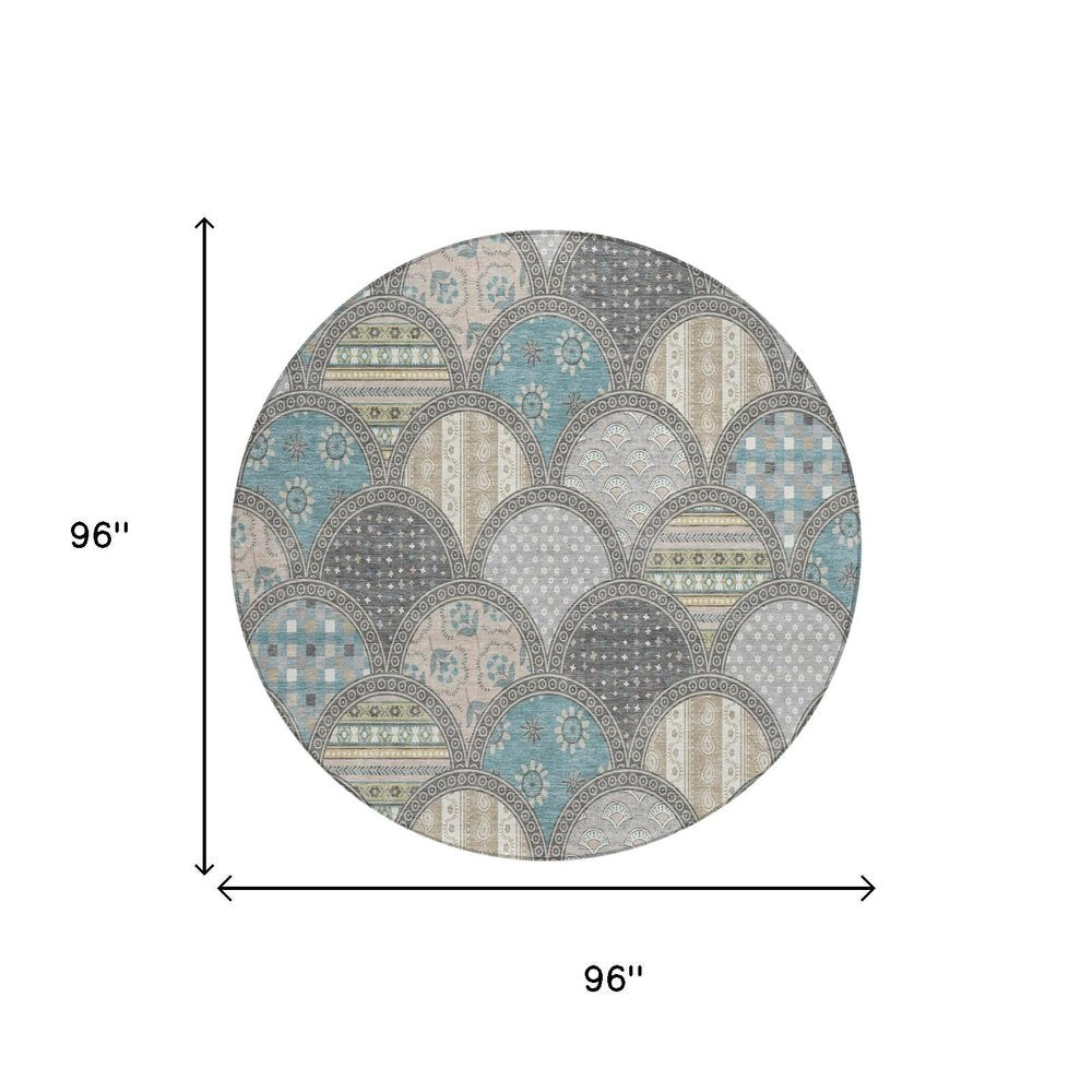 8' Gray And Silver Round Geometric Washable Indoor Outdoor Area Rug