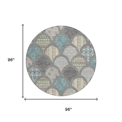8' Gray And Silver Round Geometric Washable Indoor Outdoor Area Rug