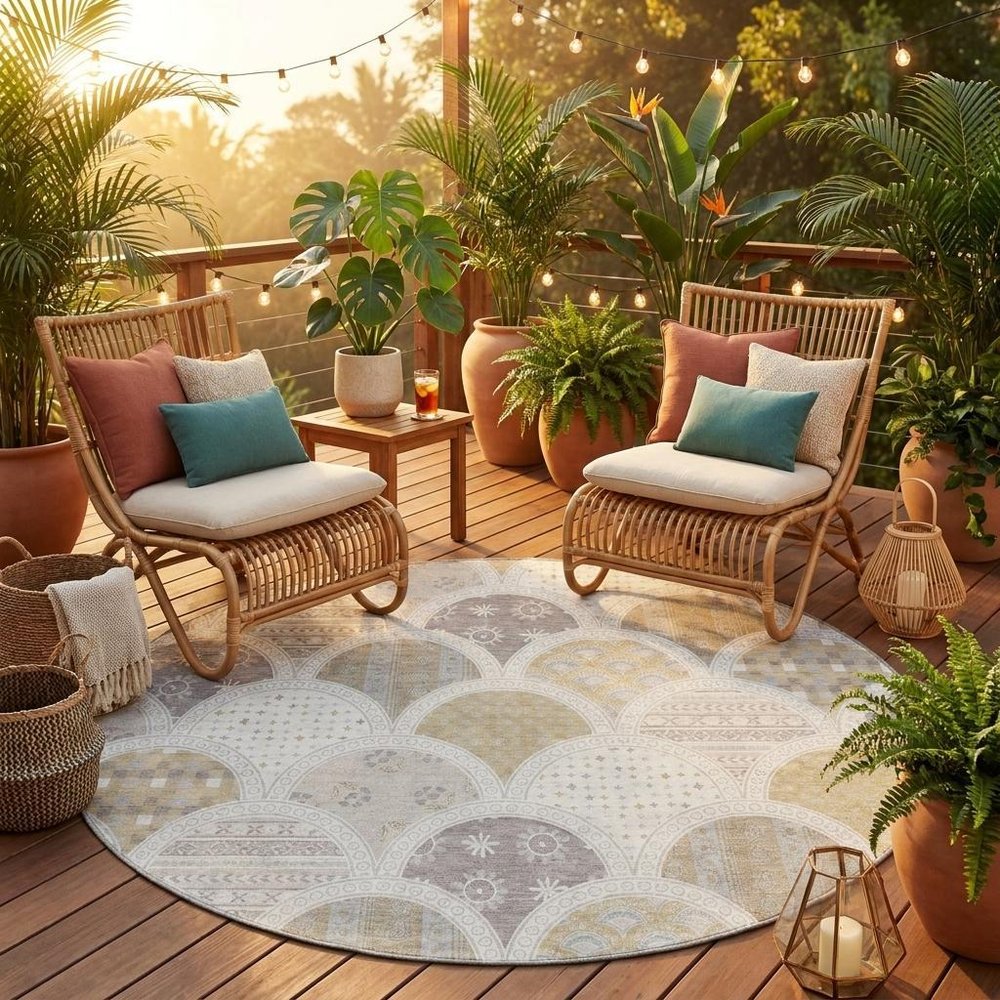 8' Ivory And Silver Round Geometric Washable Indoor Outdoor Area Rug HomeRoots