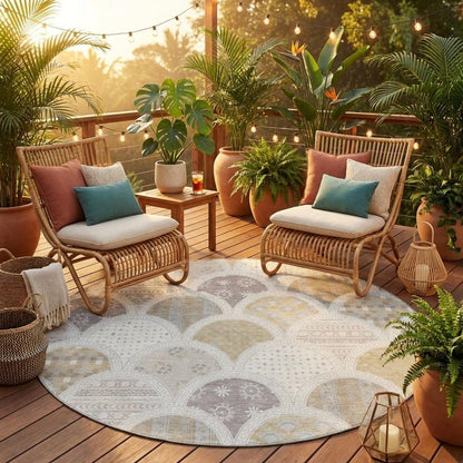 8' Ivory And Silver Round Geometric Washable Indoor Outdoor Area Rug HomeRoots