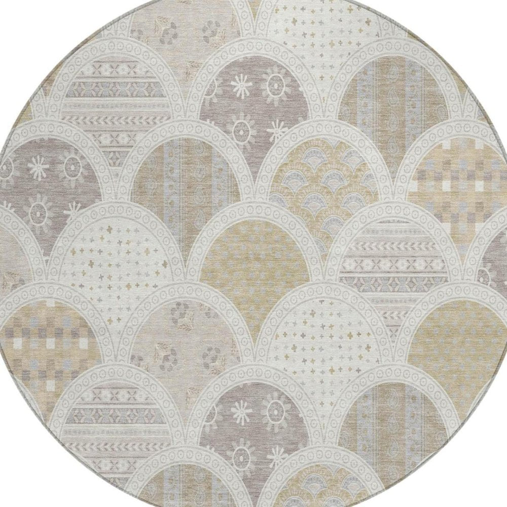 8' Ivory And Silver Round Geometric Washable Indoor Outdoor Area Rug — view 7