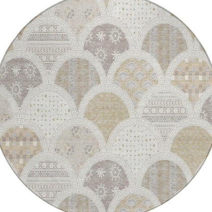 8' Ivory And Silver Round Geometric Washable Indoor Outdoor Area Rug