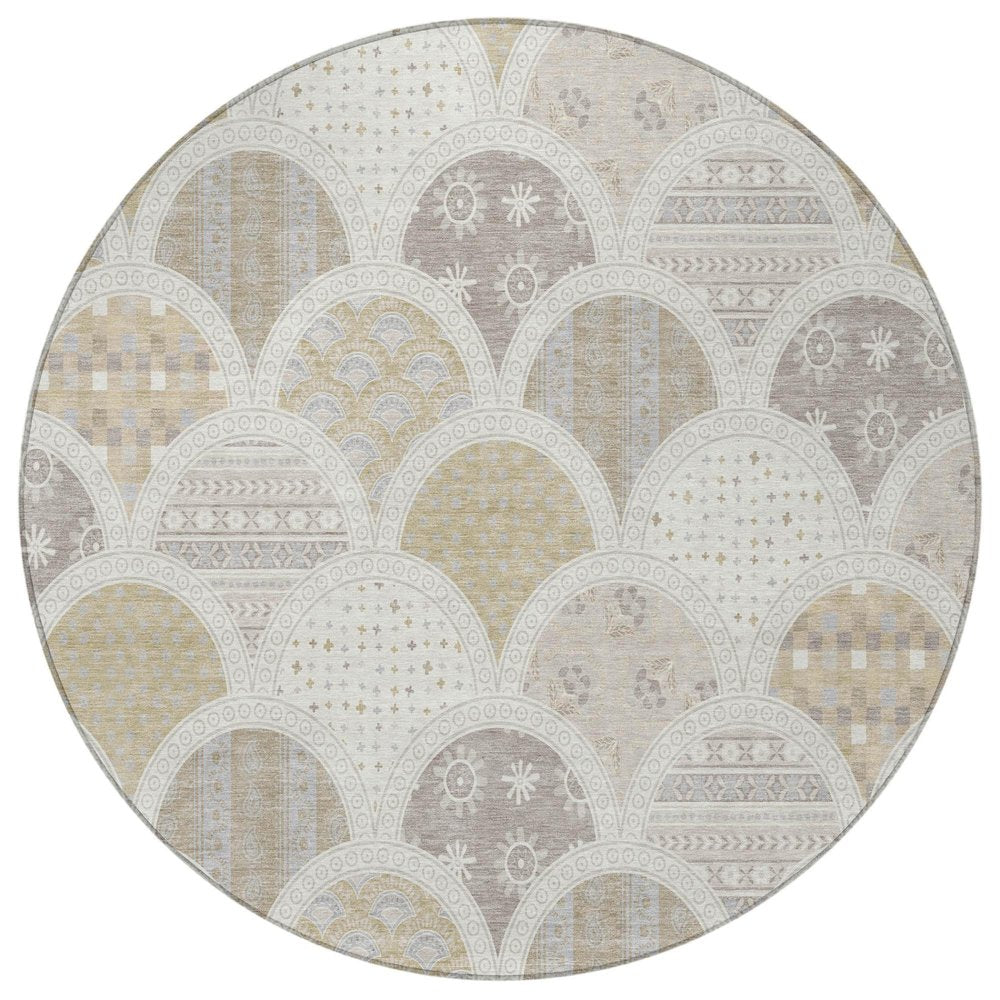 8' Ivory And Silver Round Geometric Washable Indoor Outdoor Area Rug — view 8