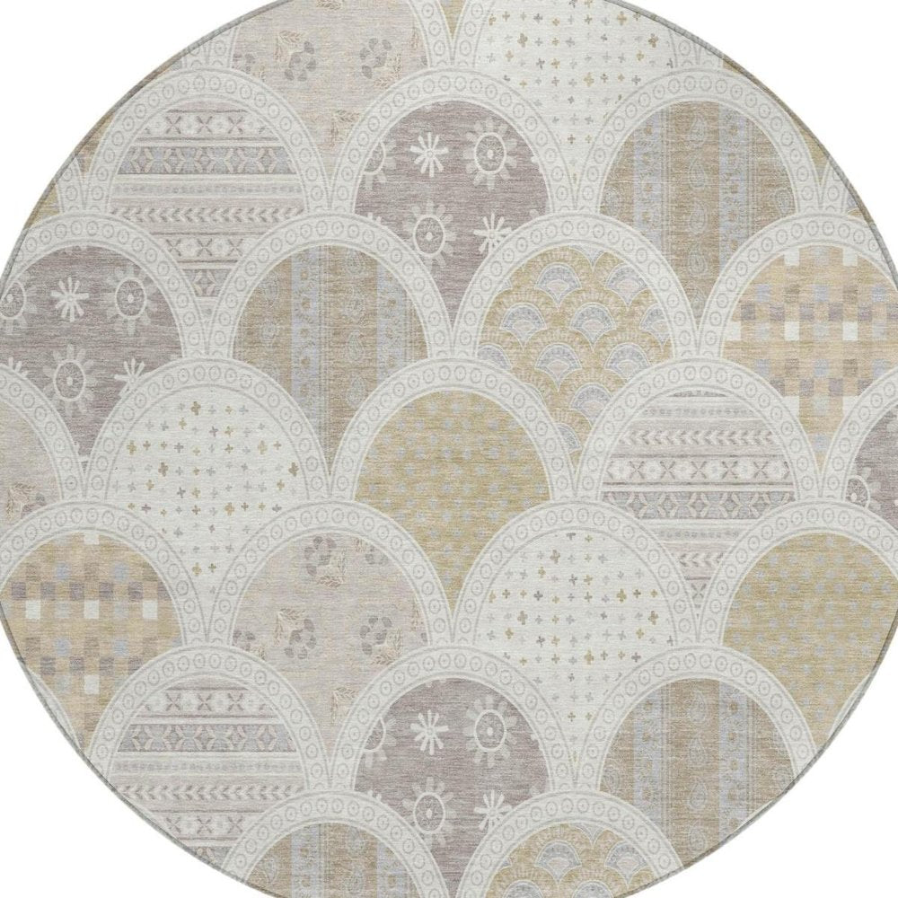 8' Ivory And Silver Round Geometric Washable Indoor Outdoor Area Rug