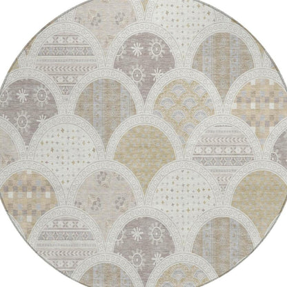 8' Ivory And Silver Round Geometric Washable Indoor Outdoor Area Rug