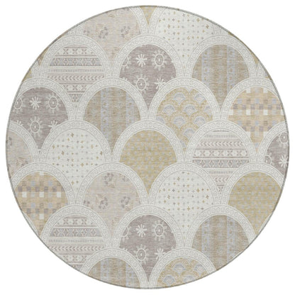 8' Ivory And Silver Round Geometric Washable Indoor Outdoor Area Rug HomeRoots