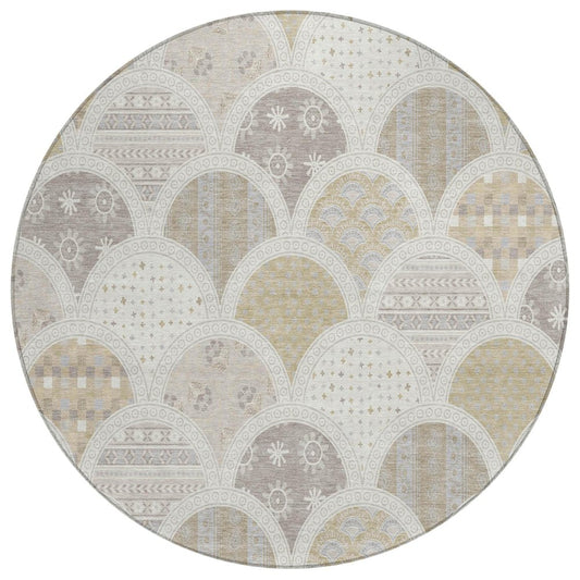 8' Ivory And Silver Round Geometric Washable Indoor Outdoor Area Rug HomeRoots