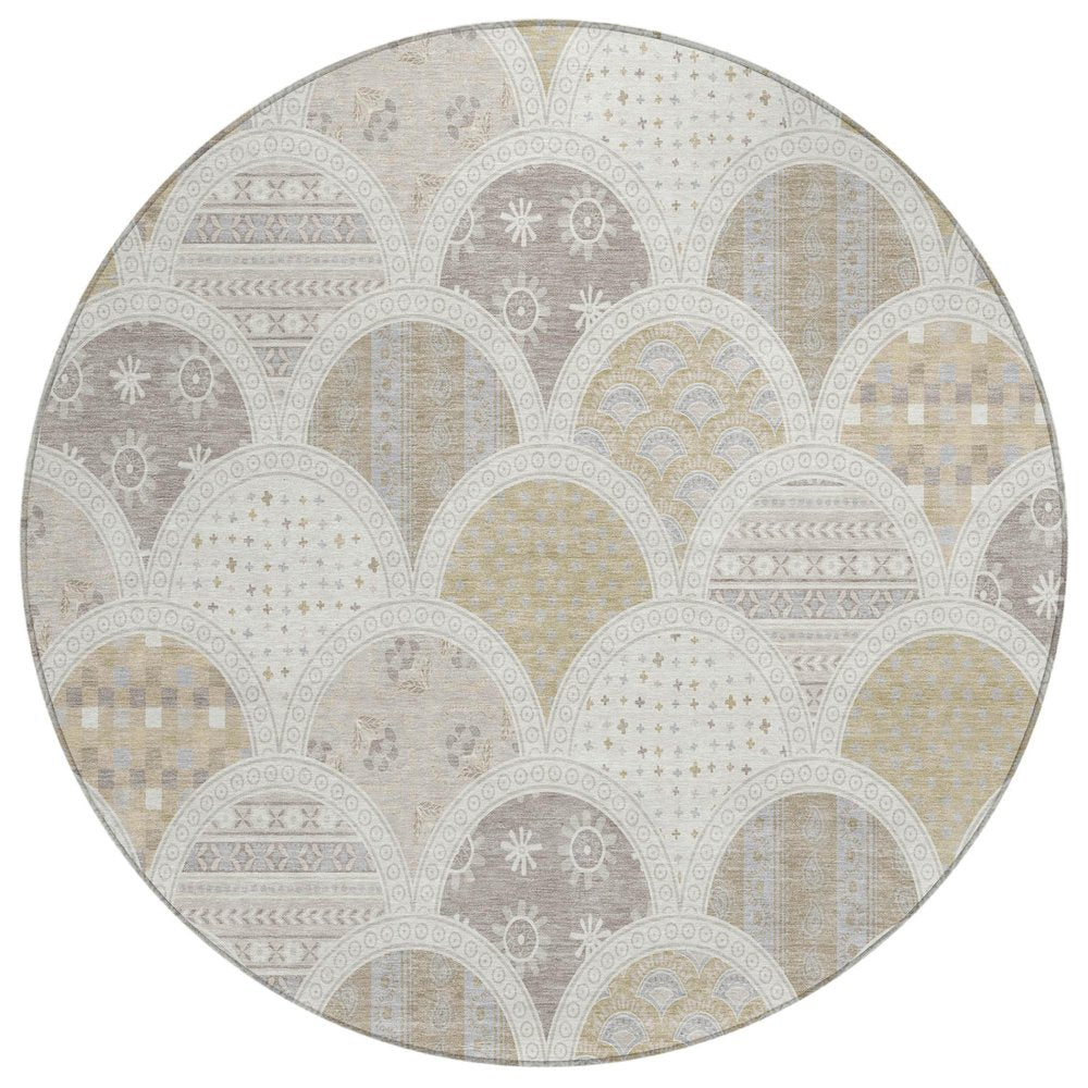 8' Ivory And Silver Round Geometric Washable Indoor Outdoor Area Rug HomeRoots