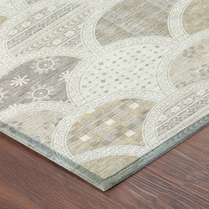 8' Ivory And Silver Round Geometric Washable Indoor Outdoor Area Rug HomeRoots