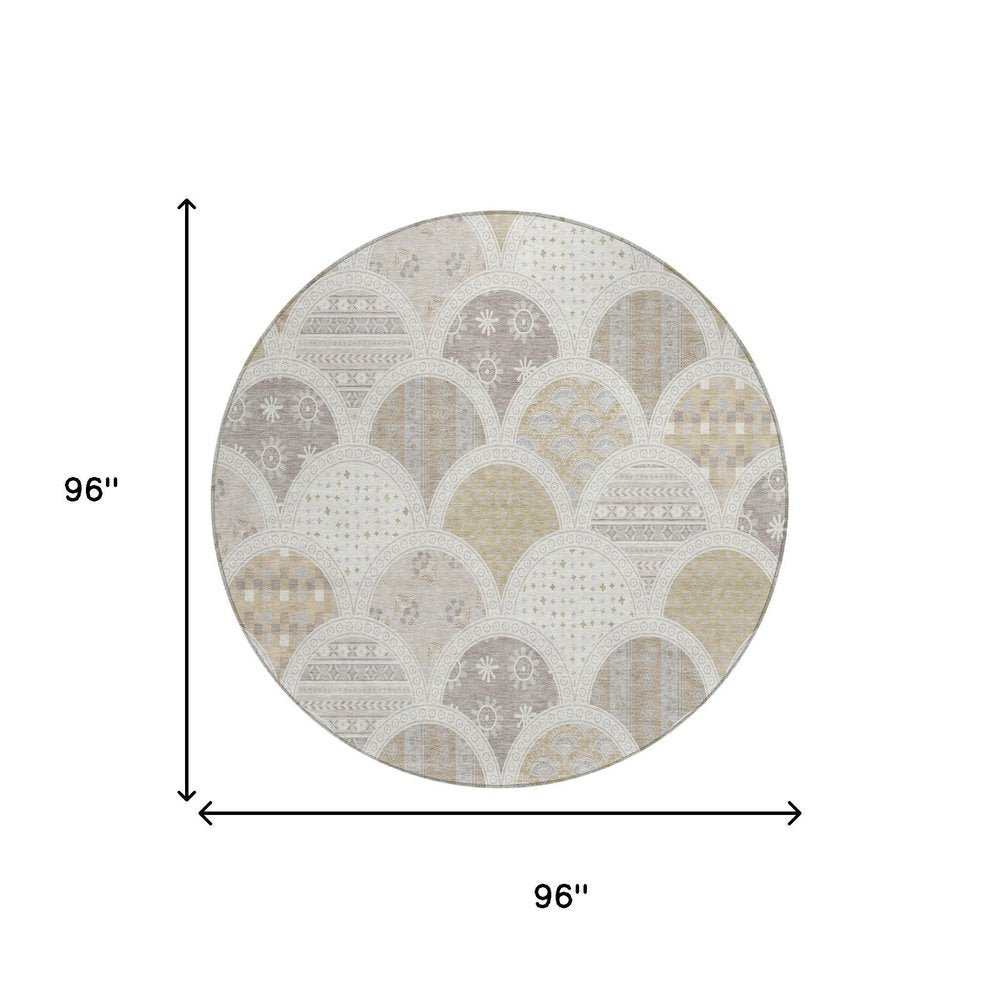 8' Ivory And Silver Round Geometric Washable Indoor Outdoor Area Rug HomeRoots