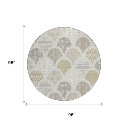 8' Ivory And Silver Round Geometric Washable Indoor Outdoor Area Rug HomeRoots