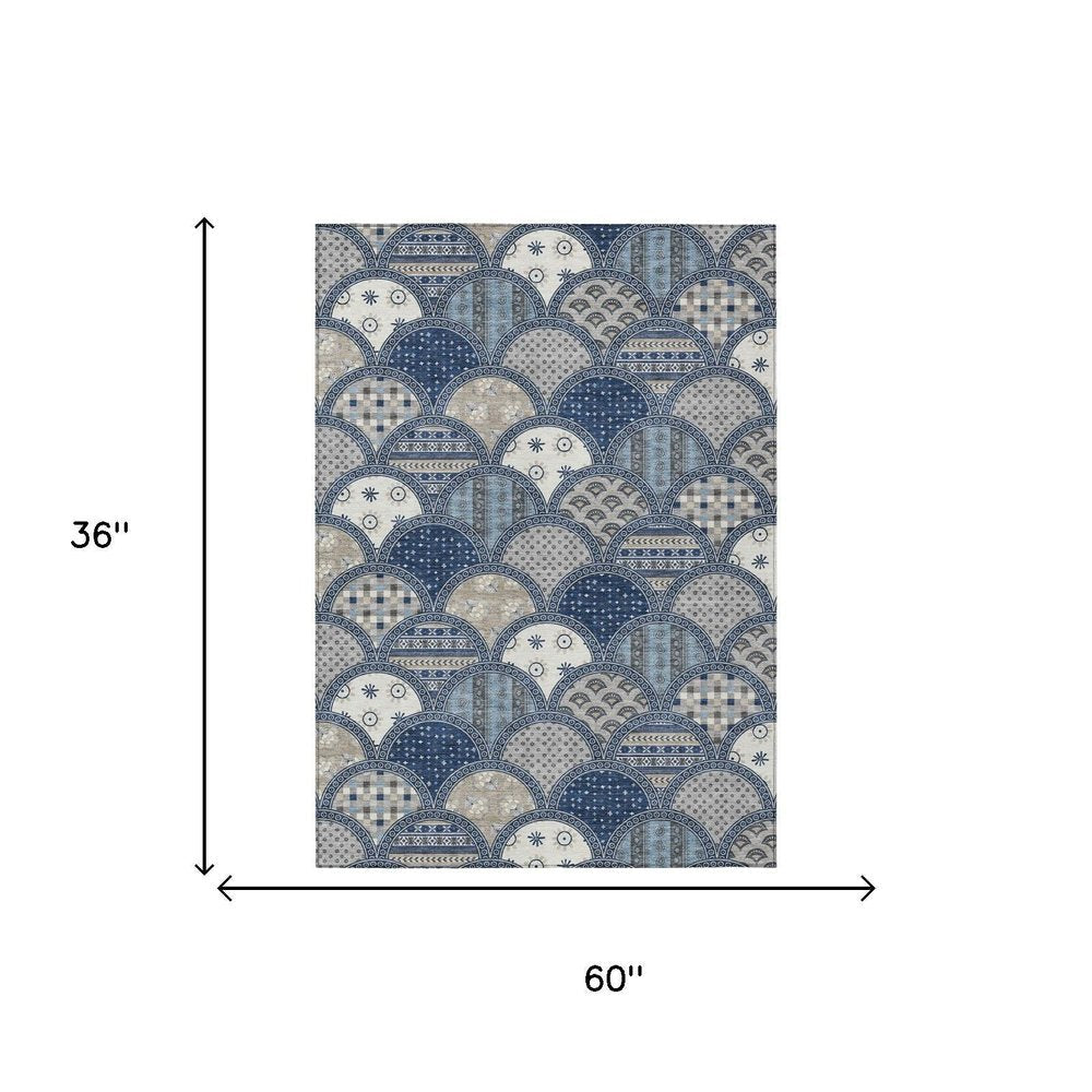 3' X 5' Navy Blue And Blue Geometric Washable Indoor Outdoor Area Rug HomeRoots