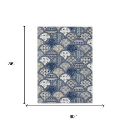 3' X 5' Navy Blue And Blue Geometric Washable Indoor Outdoor Area Rug HomeRoots