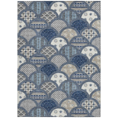 3' X 5' Navy Blue And Blue Geometric Washable Indoor Outdoor Area Rug