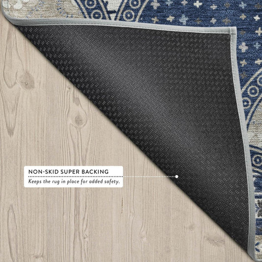 3' X 5' Navy Blue And Blue Geometric Washable Indoor Outdoor Area Rug