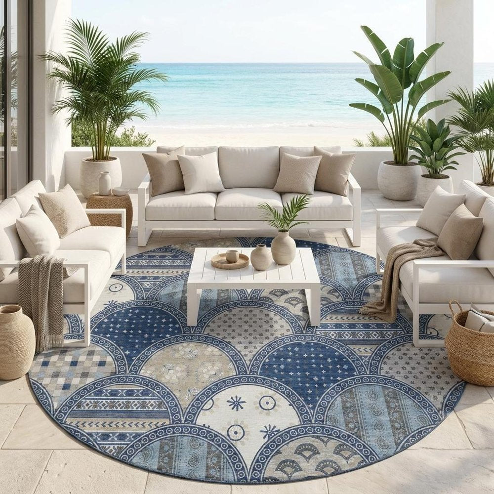 8' Navy Blue And Blue Round Geometric Washable Indoor Outdoor Area Rug HomeRoots