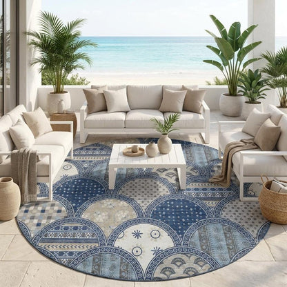 8' Navy Blue And Blue Round Geometric Washable Indoor Outdoor Area Rug HomeRoots