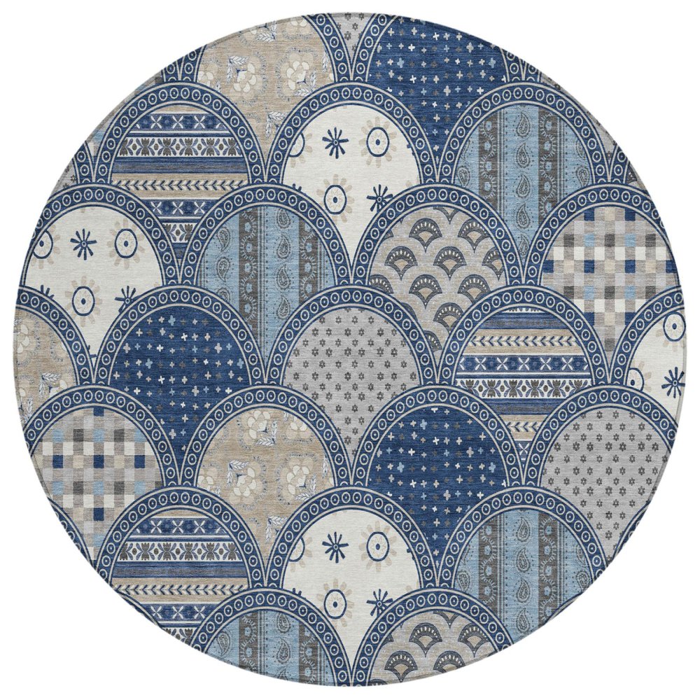 8' Navy Blue And Blue Round Geometric Washable Indoor Outdoor Area Rug HomeRoots