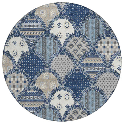 8' Navy Blue And Blue Round Geometric Washable Indoor Outdoor Area Rug HomeRoots
