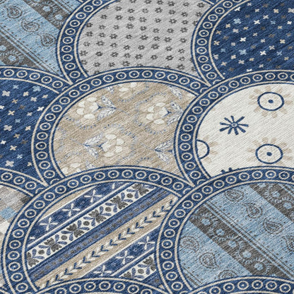 8' Navy Blue And Blue Round Geometric Washable Indoor Outdoor Area Rug HomeRoots