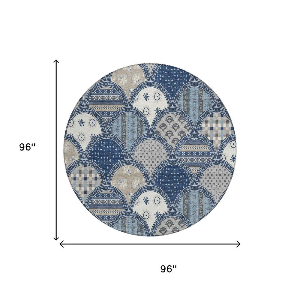 8' Navy Blue And Blue Round Geometric Washable Indoor Outdoor Area Rug HomeRoots