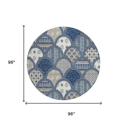 8' Navy Blue And Blue Round Geometric Washable Indoor Outdoor Area Rug HomeRoots