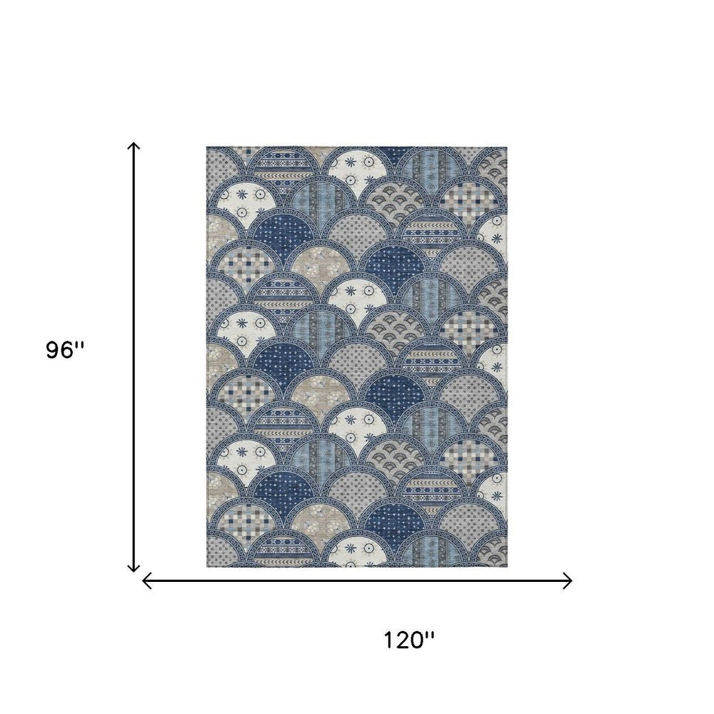8' X 10' Navy Blue And Blue Geometric Washable Indoor Outdoor Area Rug