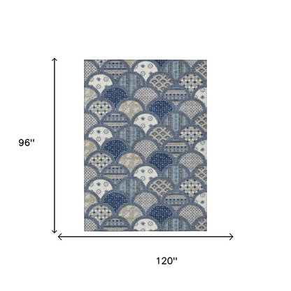 8' X 10' Navy Blue And Blue Geometric Washable Indoor Outdoor Area Rug
