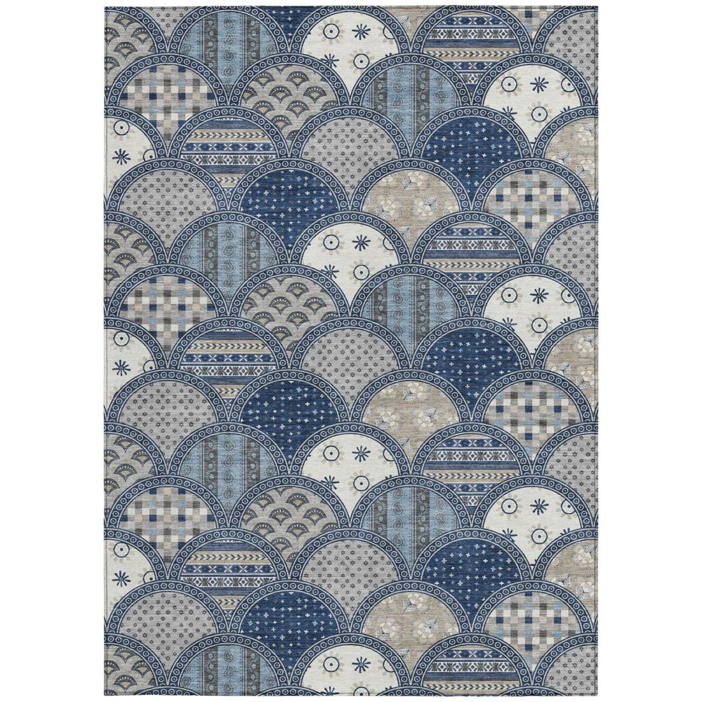 8' X 10' Navy Blue And Blue Geometric Washable Indoor Outdoor Area Rug