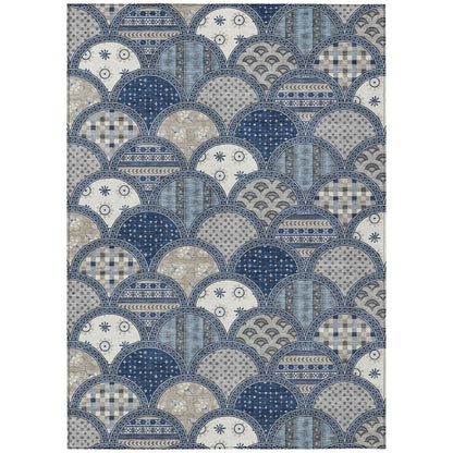 8' X 10' Navy Blue And Blue Geometric Washable Indoor Outdoor Area Rug